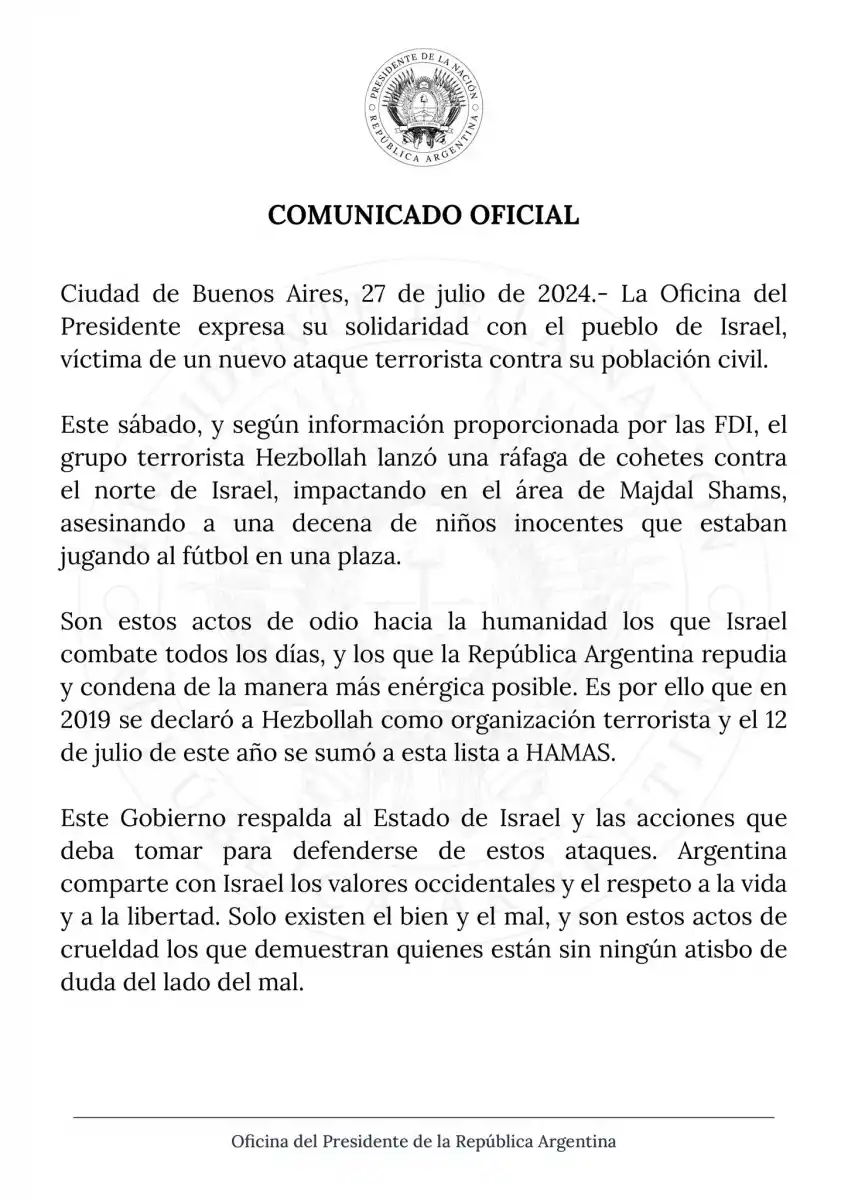 El Gobierno argentino repudió el ataque de Hezbollah contra Israel en los Altos del Golán