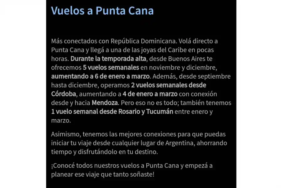 El anuncio de Aerolíneas Argentinas en su página web.
