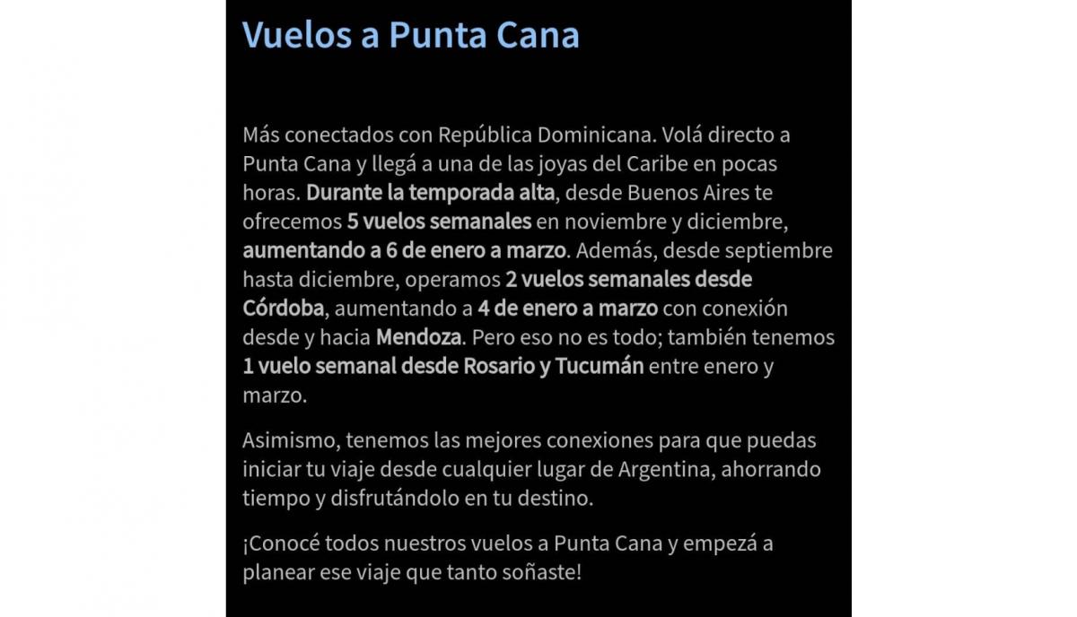 El anuncio de Aerolíneas Argentinas en su página web.