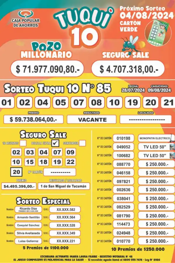 Tuqui 10: los resultados del sorteo del 28 de julio
