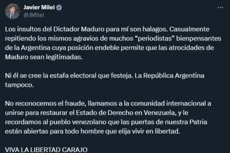 Javier Milei le respondió a Nicolás Maduro: Ni él se cree la estafa electoral que festeja