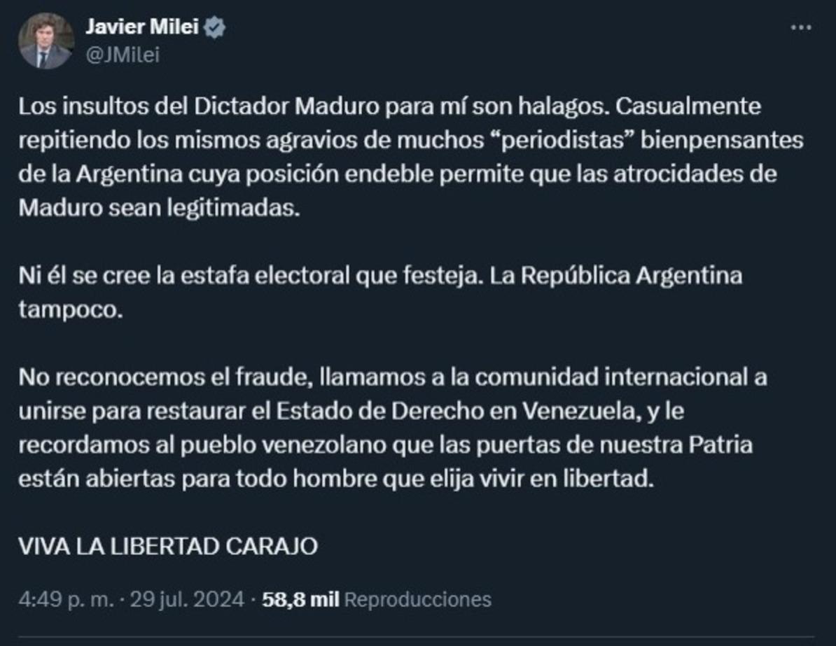 Javier Milei le respondió a Nicolás Maduro: Ni él se cree la estafa electoral que festeja