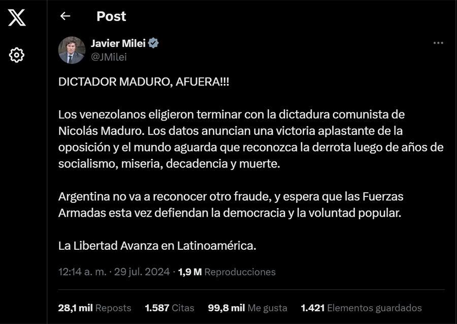 El mensaje de Milei por las elecciones en Venezuela: “La Argentina no va a reconocer otro fraude”