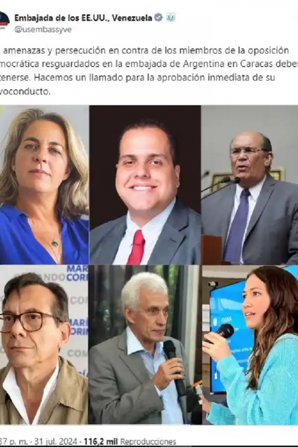 EEUU reclama un salvoconducto para los opositores resguardados en la Embajada argentina