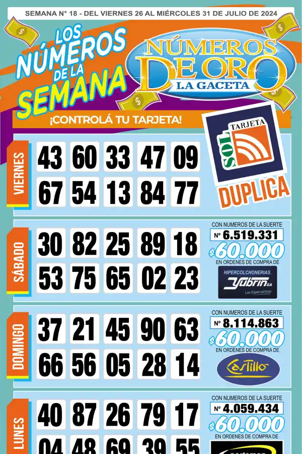 Esta es la grilla completa de los Números de Oro de LA GACETA del 31 de julio de 2024