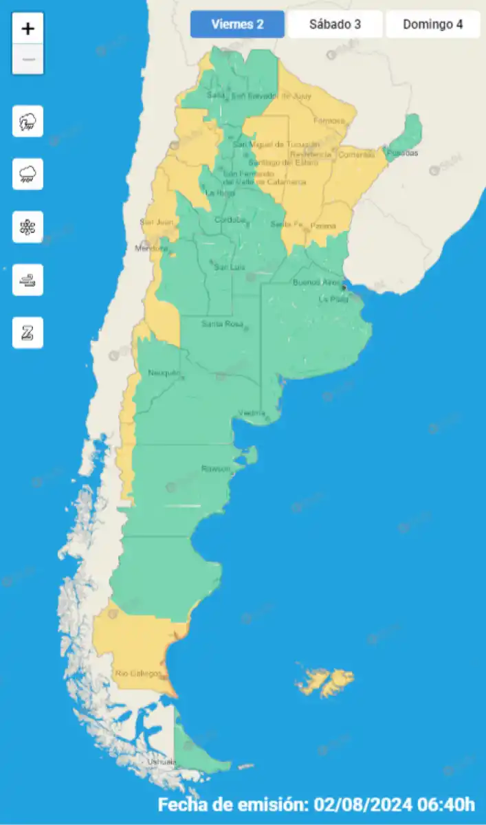 Mapa de alertas del Servicio Meteorológico Nacional