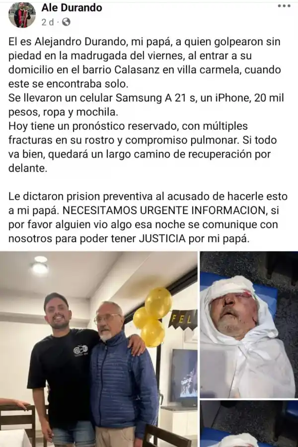 Un hombre de 67 años fue golpeado de manera salvaje por un ladrón que entró a su casa, en Villa Carmela