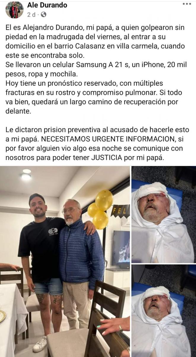 Un hombre de 67 años fue golpeado de manera salvaje por un ladrón que entró a su casa, en Villa Carmela