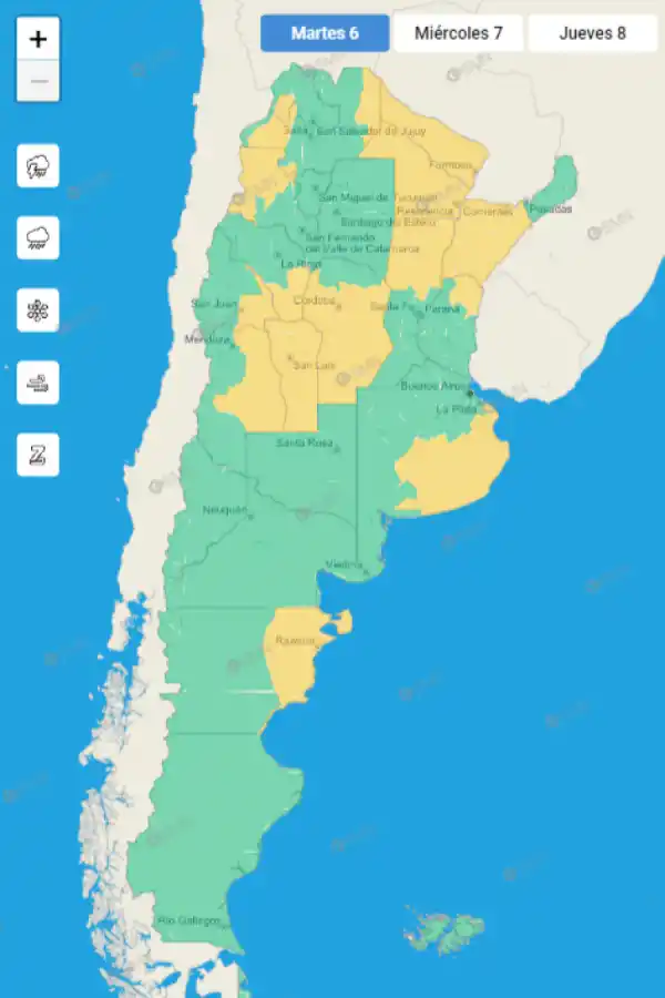 Mapa de alertas del Servicio Meteorológico Nacional