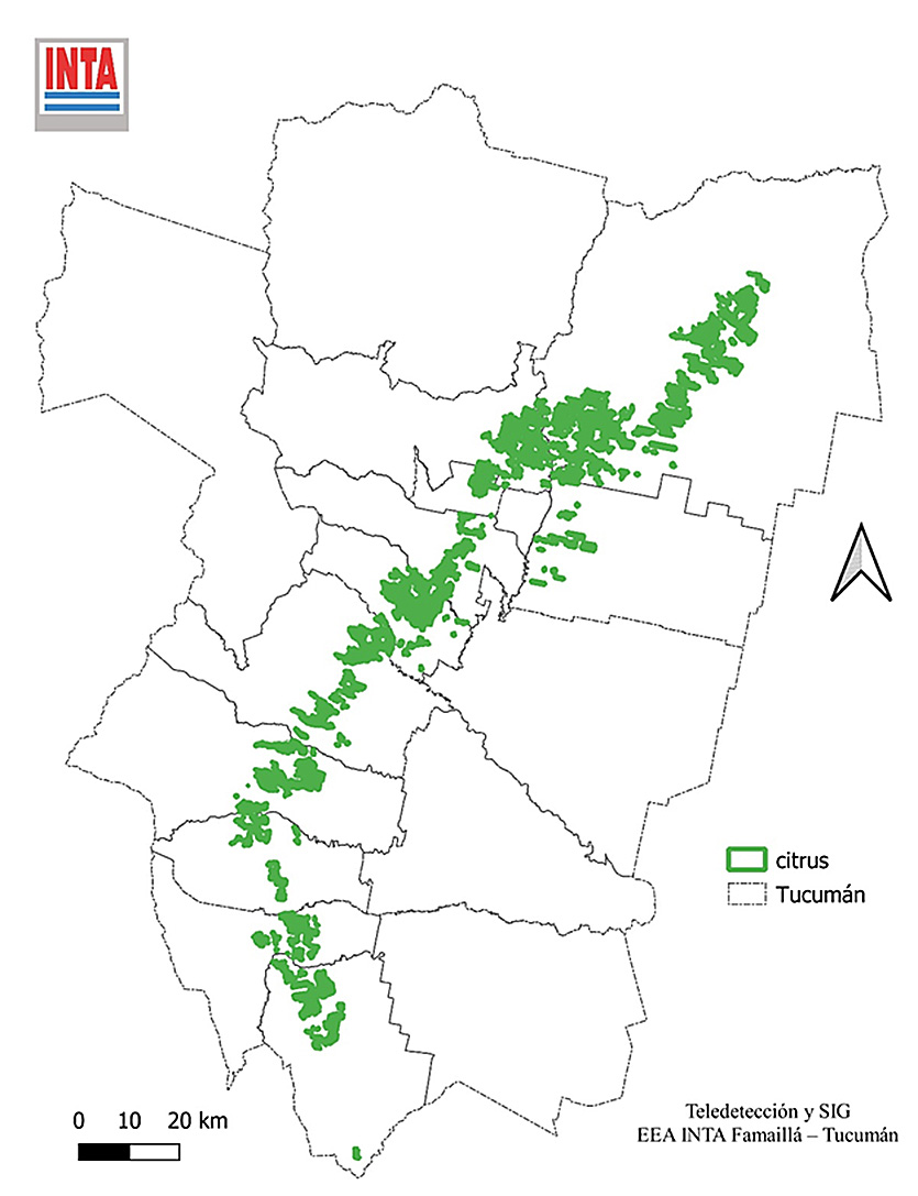 Figura 1: Distribución espacial de la superficie cultivada con cítricos en la provincia de Tucumán durante la campaña 2024.