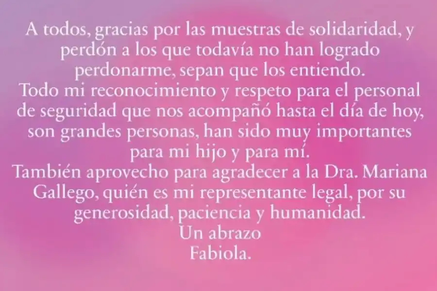 Fabiola Yáñez publicó un mensaje de agradecimiento tras la denuncia contra Alberto Fernández