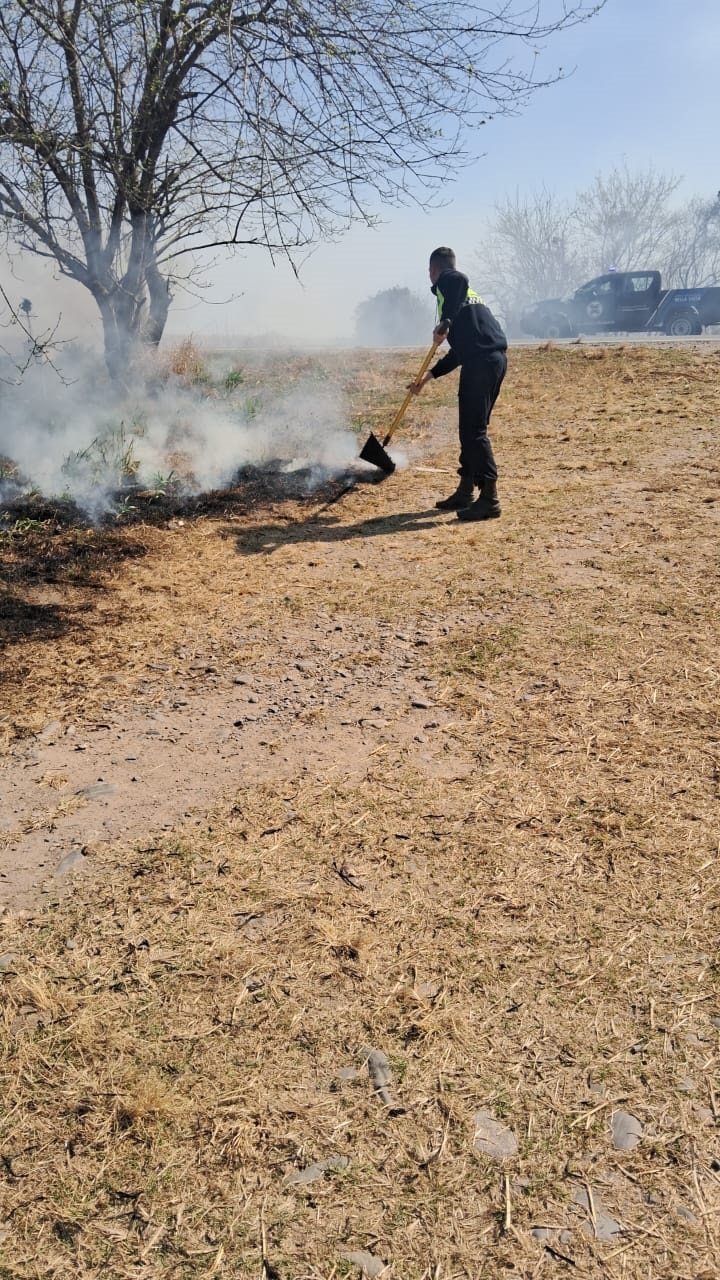 ESFUERZO. Un efectivo policial intenta sofocar el fuego con una pala.