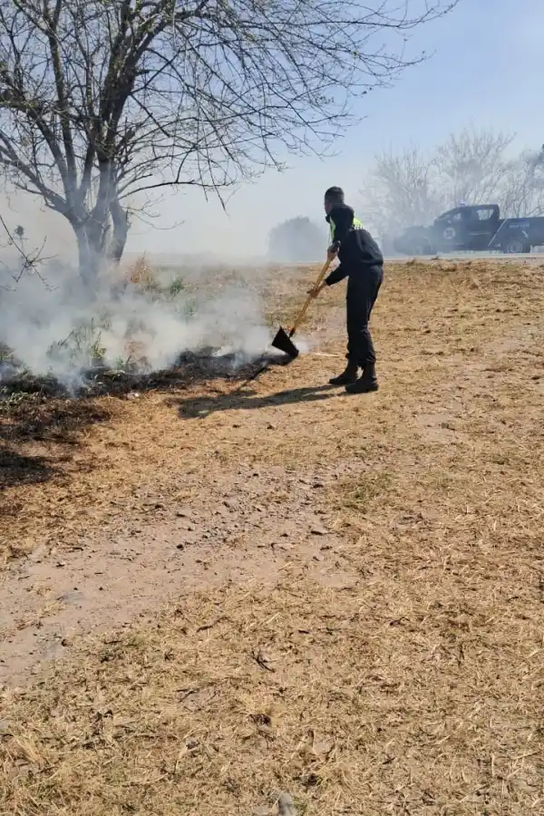 ESFUERZO. Un efectivo policial intenta sofocar el fuego con una pala.
