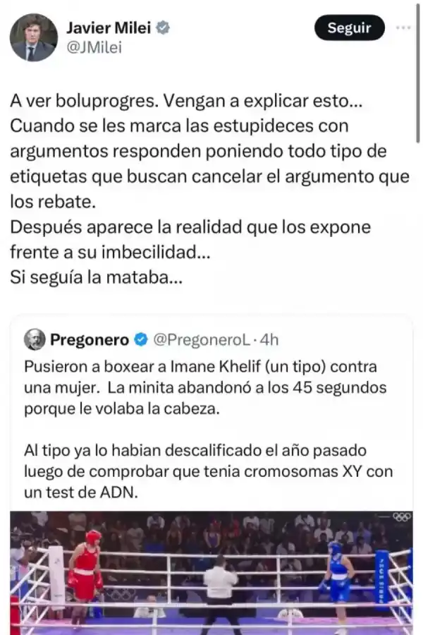 CONTRA IMANE KHELIF. Esta fue la reacción del presidente argentino Javier Milei. / CAPTURA DE PANTALLA.