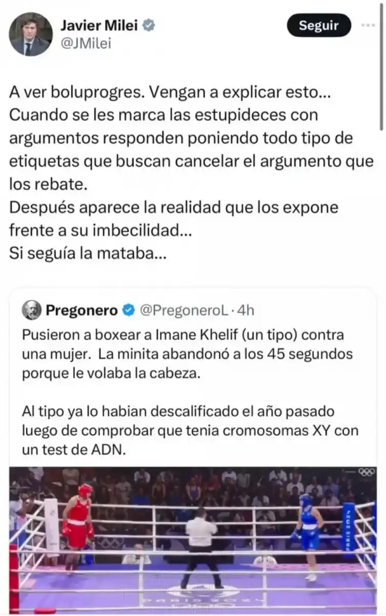CONTRA IMANE KHELIF. Esta fue la reacción del presidente argentino Javier Milei. / CAPTURA DE PANTALLA.