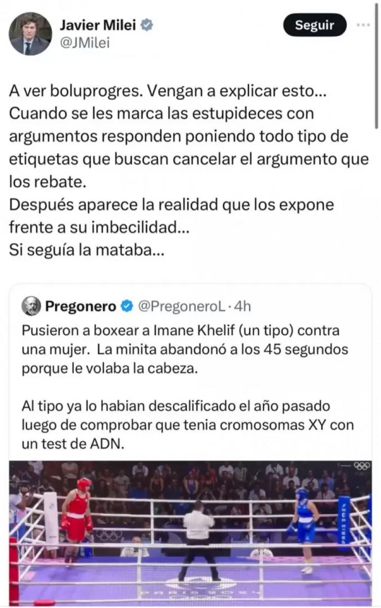 CONTRA IMANE KHELIF. Esta fue la reacción del presidente argentino Javier Milei. / CAPTURA DE PANTALLA.