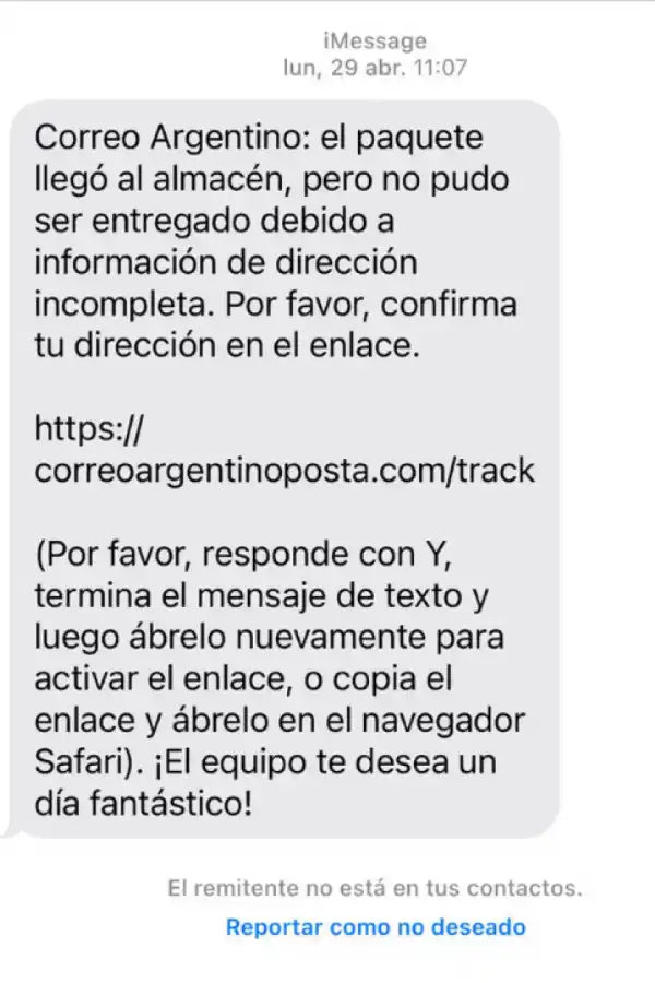 El mensaje dirige a una página similar a la de Correo Argetino.