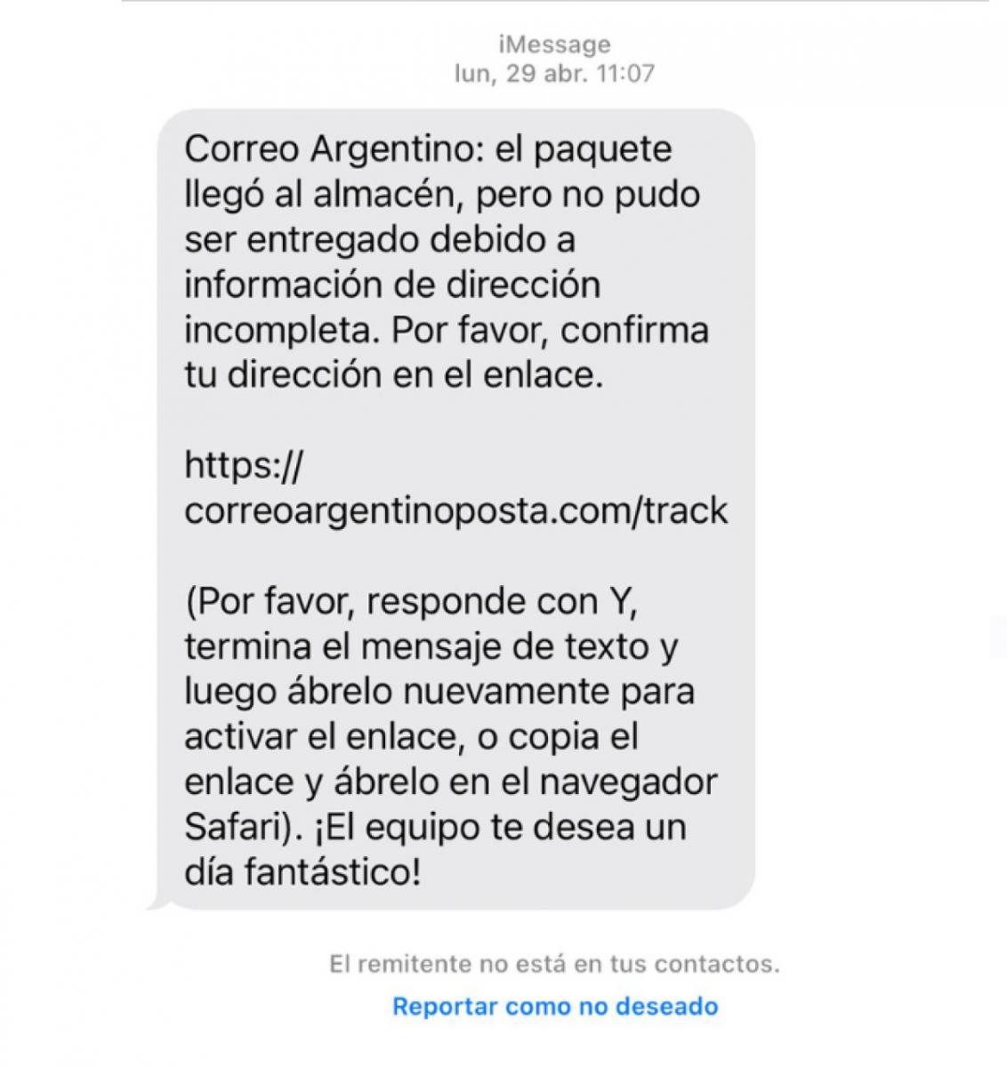 El mensaje dirige a una página similar a la de Correo Argetino.