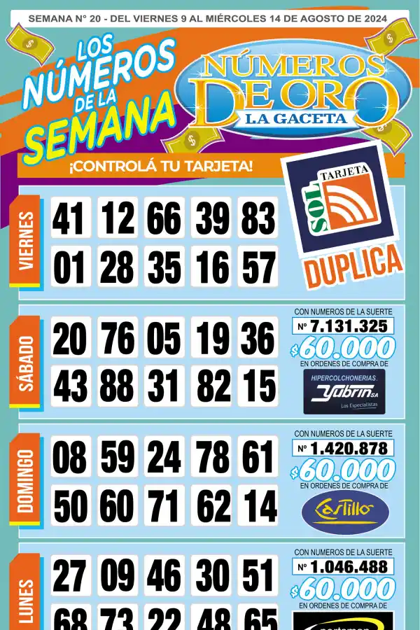 Esta es la grilla completa de los Números de Oro de LA GACETA del 14 de agosto de 2024