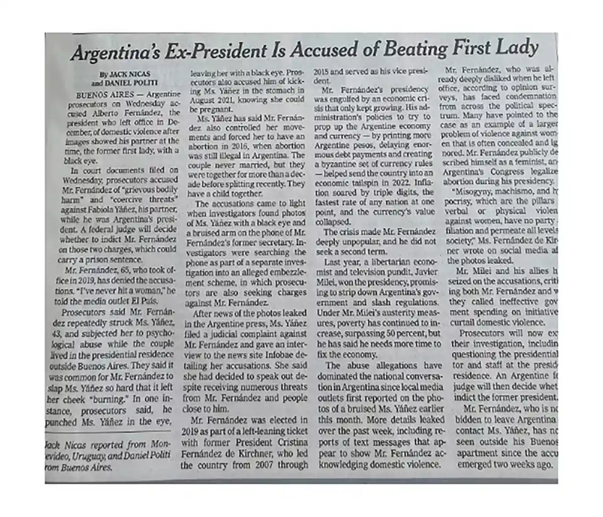 La denuncia de Fabiola Yáñez contra Alberto Fernández repercutió en The New York Times