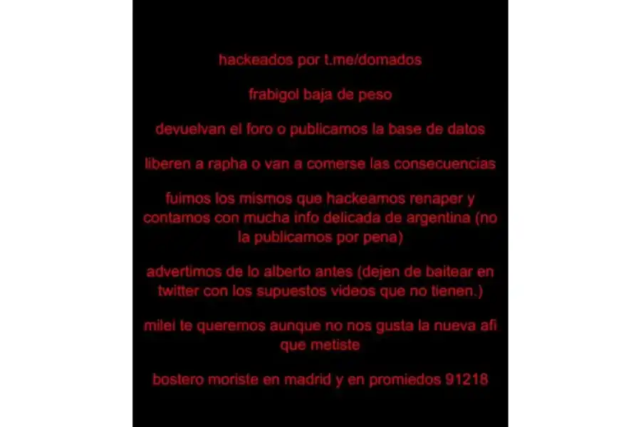 El mensaje de presunto hackeo que se viralizó en las redes sociales.