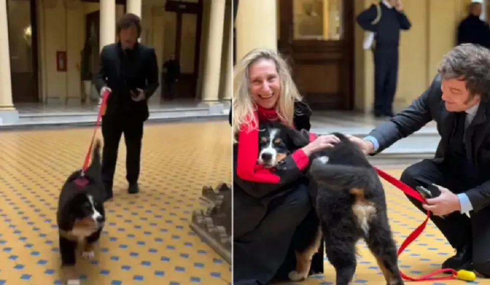 Karina y Javier Milei junto a Thor, la nueva mascota de Casa Rosada