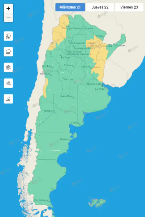 Mapa de alertas del Servicio Meteorológico Nacional