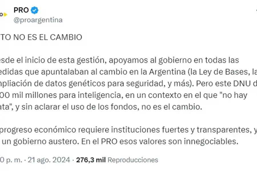 Esto no es el cambio: el fuerte comunicado del PRO tras rechazar el decreto que aumentaba los fondos reservados de la SIDE