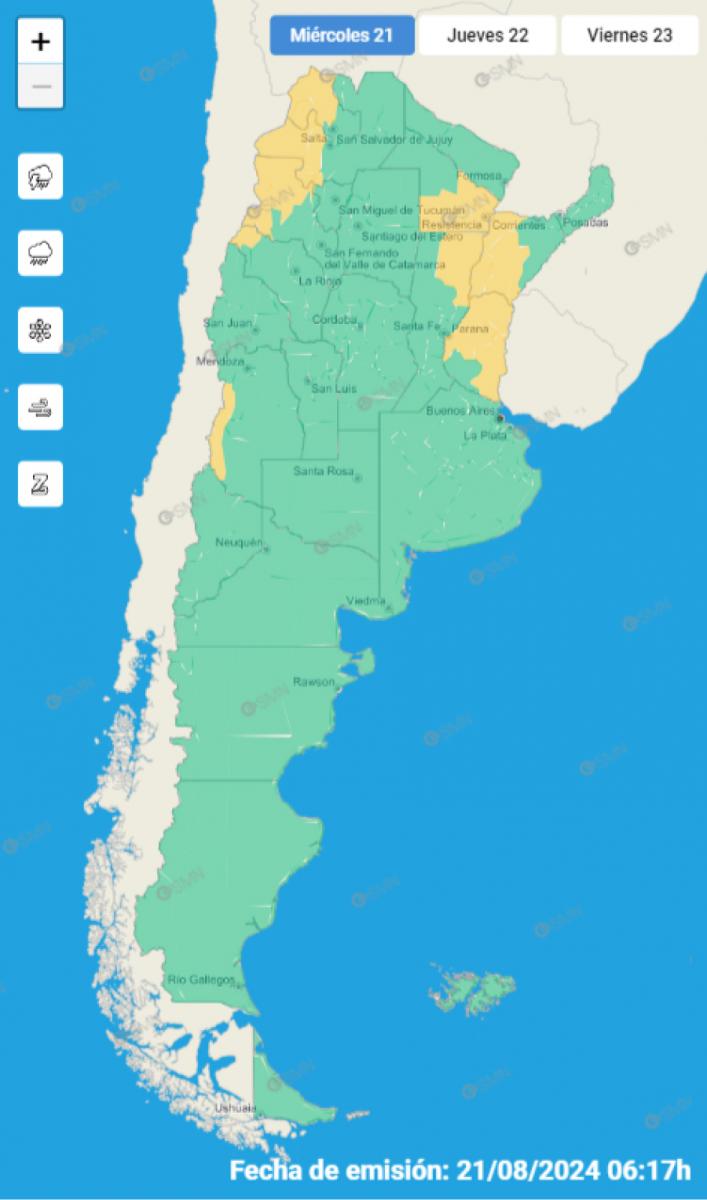 Mapa de alertas del Servicio Meteorológico Nacional