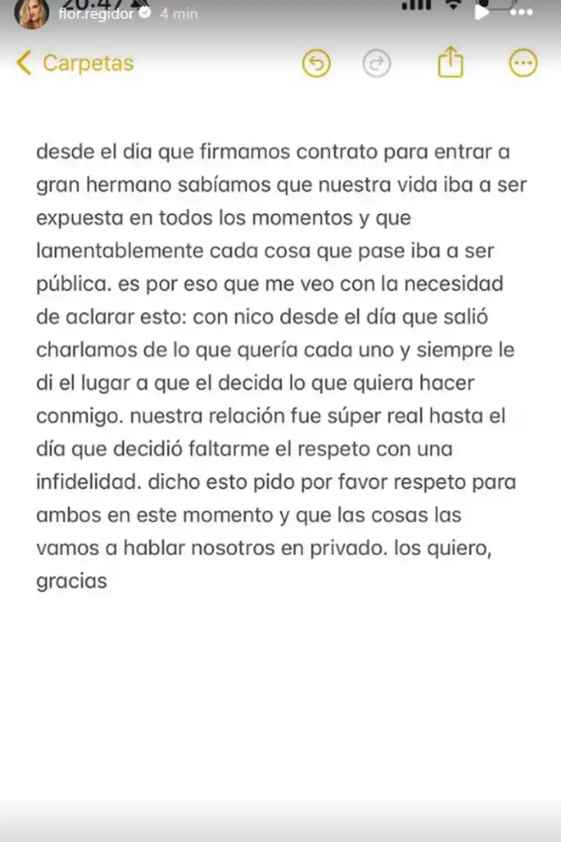 El descargo de Florencia de Gran Hermano contra su ahora ex novio, Nicolás