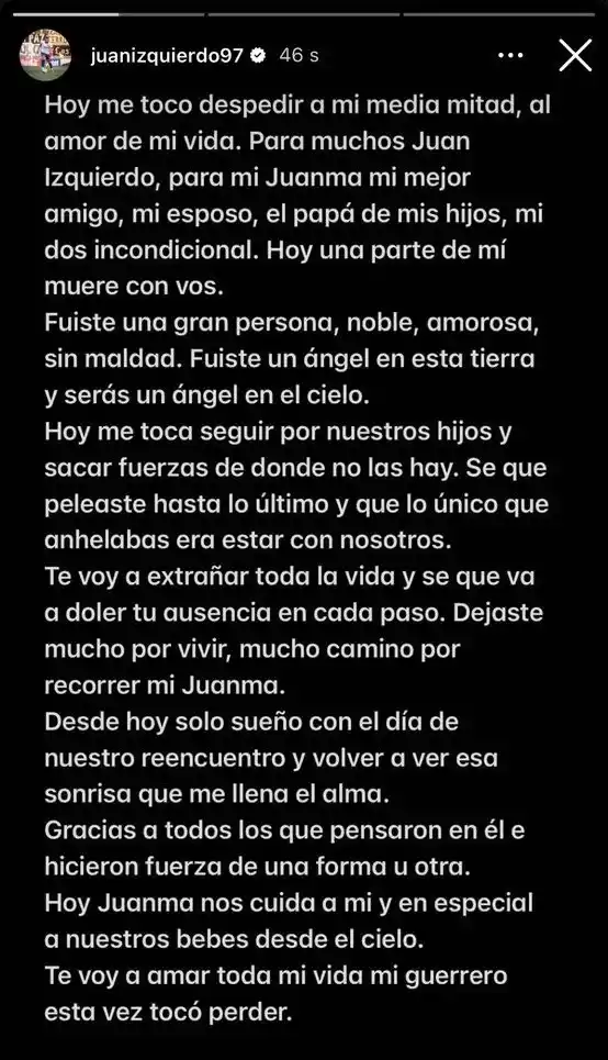 La conmovedora despedida de la esposa de Juan Izquierdo: “Sueño con el día de nuestro reencuentro”