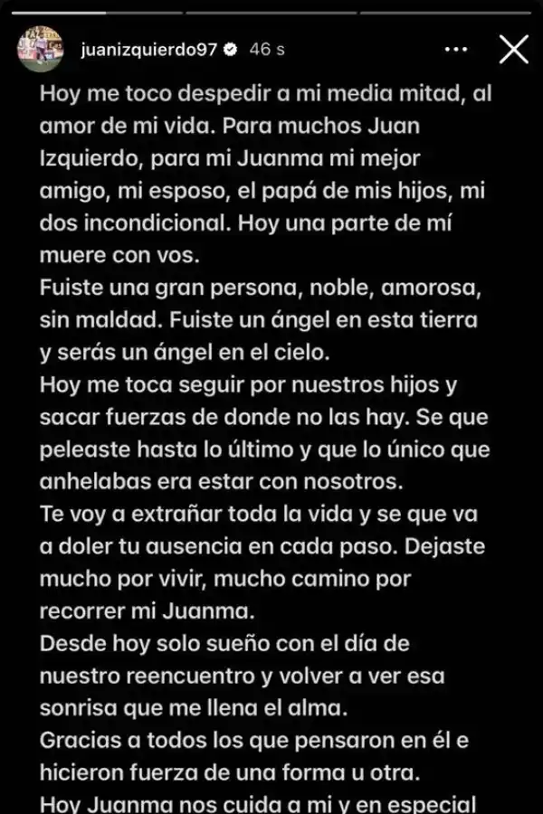 La conmovedora despedida de la esposa de Juan Izquierdo: “Sueño con el día de nuestro reencuentro”