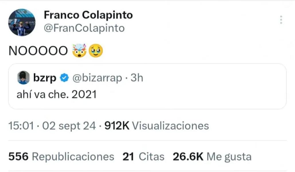 La premonición de Bizarrap sobre Colapinto tras su estreno en la Fórmula 1