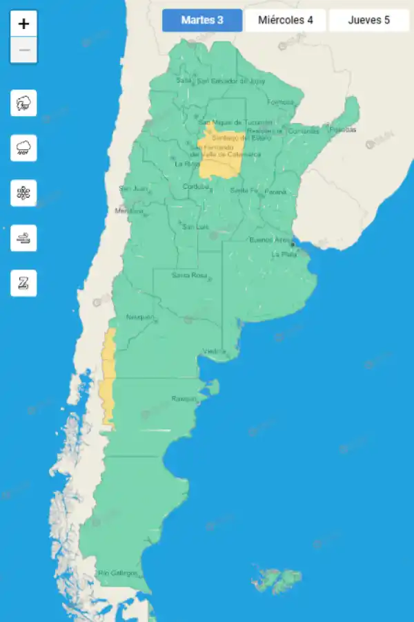 Mapa de alertas del Servicio Meteorológico Nacional