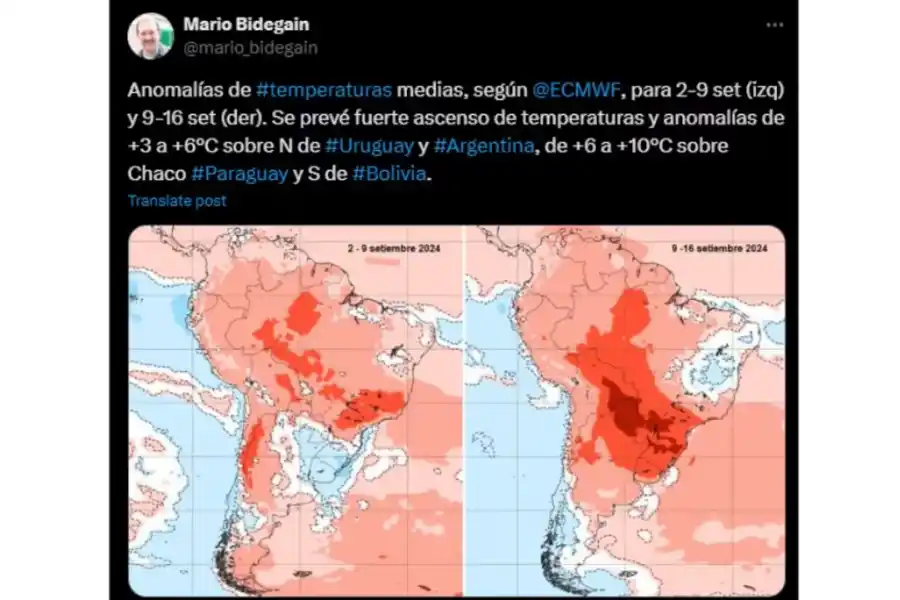 El mapa de las temperaturas altas en Argentina y la región.