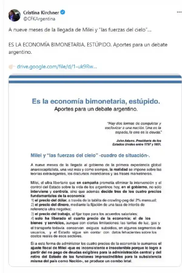 Es la economía bimonetaria, estúpido: la crítica de Cristina Kirchner al plan de Milei