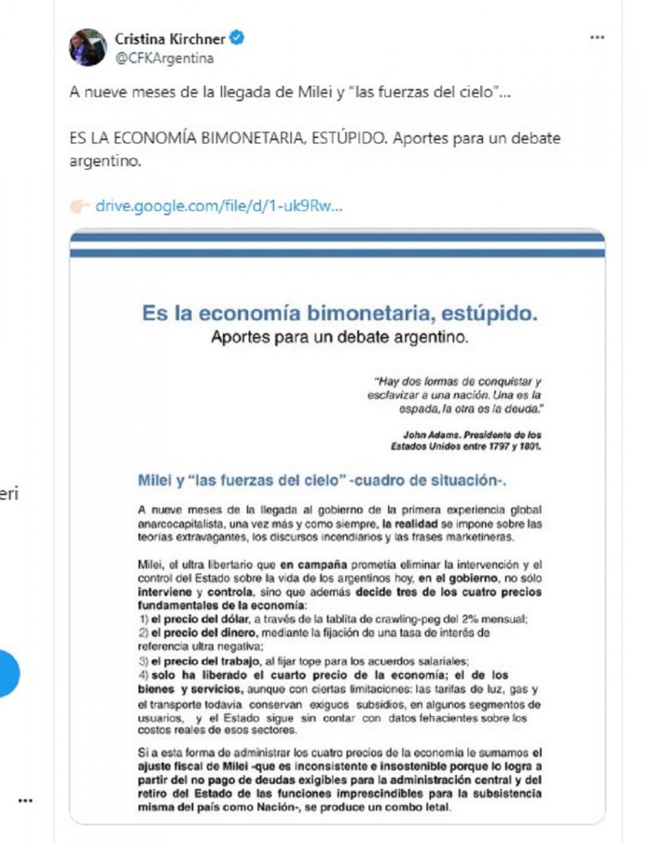 Es la economía bimonetaria, estúpido: la crítica de Cristina Kirchner al plan de Milei