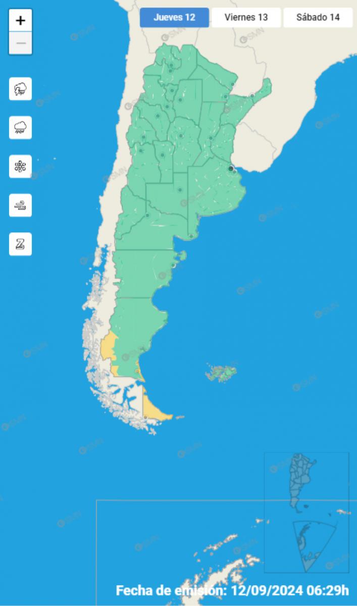 Mapa de alertas del Servicio Meteorológico Nacional