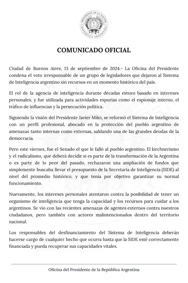 El Gobierno repudió la decisión de Senadores por la quita de fondos a la SIDE: “Deberán hacerse cargo”