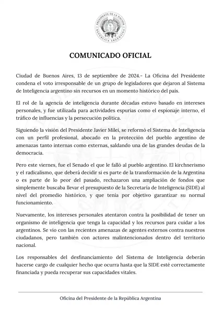 El Gobierno repudió la decisión de Senadores por la quita de fondos a la SIDE: “Deberán hacerse cargo”