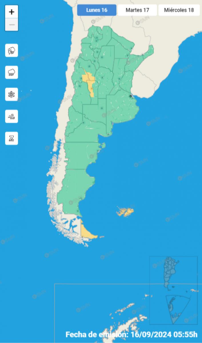 Mapa de alertas del Servicio Meteorológico Nacional