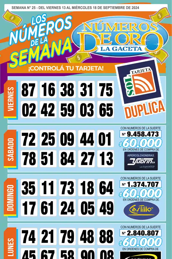Esta es la grilla completa de los Números de Oro de LA GACETA del 18 de septiembre de 2024