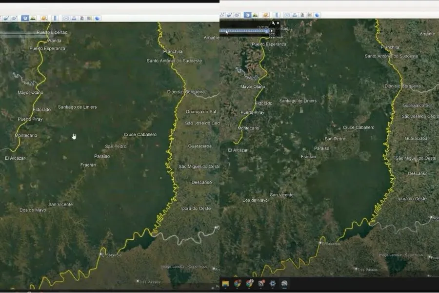 EN PERSPECTIVA. Una comparación de la degradación de los bosques y selvas misioneras, la primera imagen es de 40 años atrás, la segunda es actual./CAPTURA DE LA ENTREVISTA