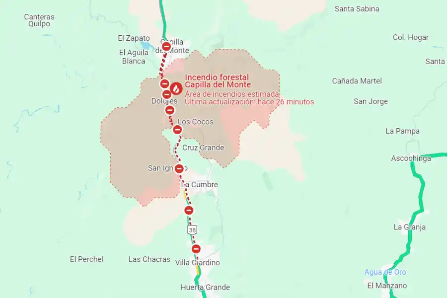 Google Mpas advierte cuál es la zona afectada por los incendios alrededor de Capilla del Monte.