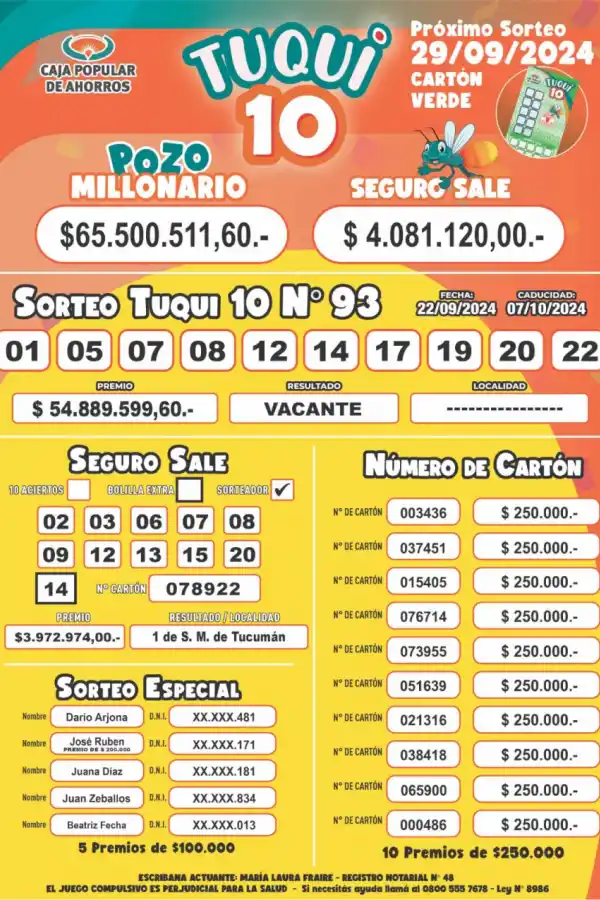 Tuqui 10: el pozo del domingo 22 de septiembre quedó nuevamente vacante