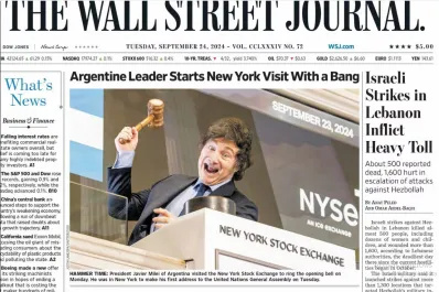 Javier Milei en la Bolsa de Nueva York es tapa del diario The Wall Street Journal