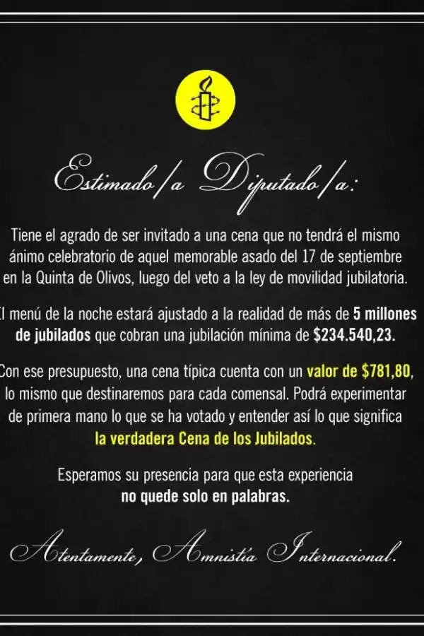 Amnistía Internacional invitó a diputados que fueron al asado de Olivos a cenar con un menú de $781