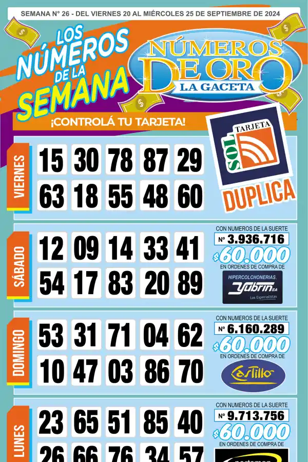Esta es la grilla completa de los Números de Oro de LA GACETA del 25 de septiembre de 2024
