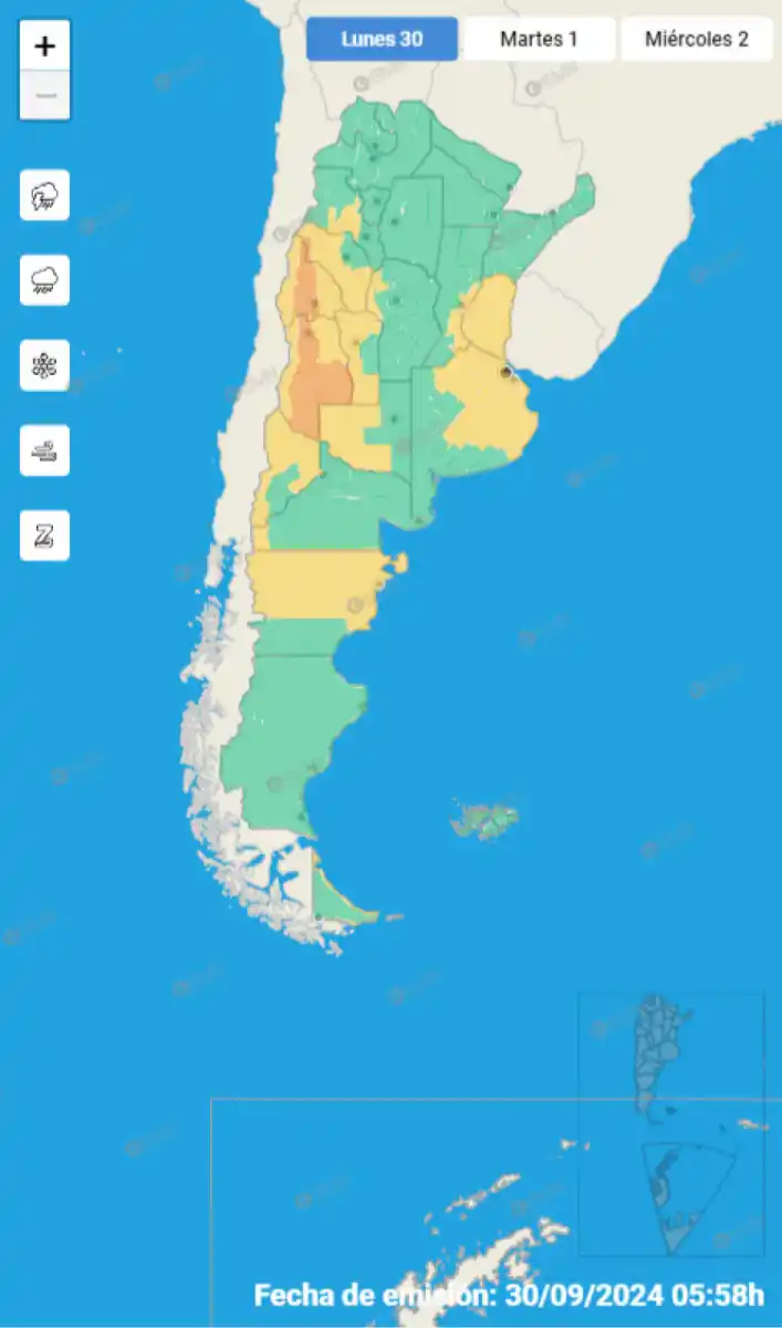 Mapa de alertas del Servicio Meteorológico Nacional