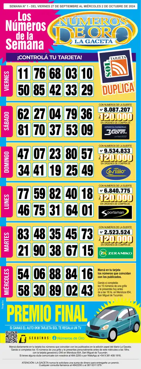 Esta es la grilla completa de los Números de Oro de LA GACETA del 2 de octubre de 2024